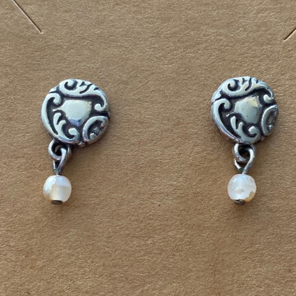 Brighton vintage silver and white mini post dangle bead earrings - Picture 1 of 4